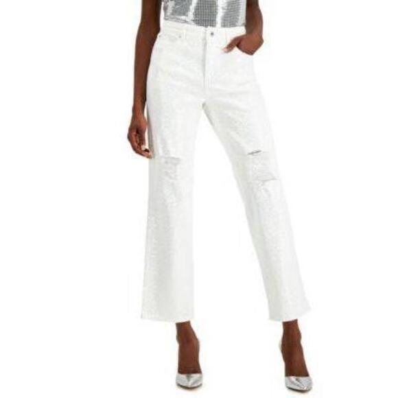 INC International Concepts High-Rise Sequin Straight-Leg Pants Bright White 8 - Picture 1 of 1